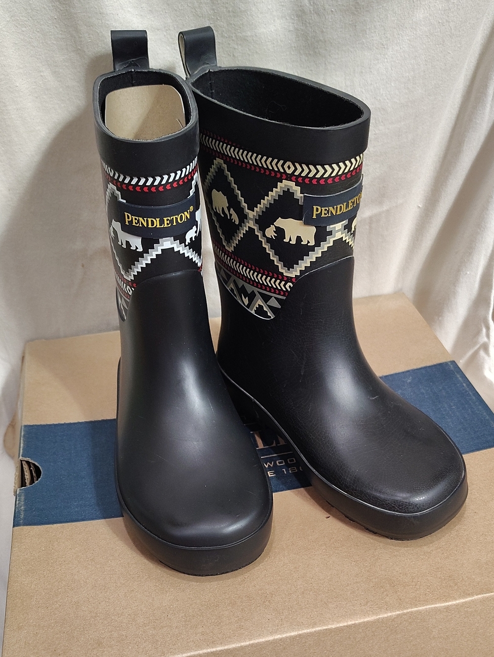 Pendleton  Kids Black Rubber Boots with Aztec Trim